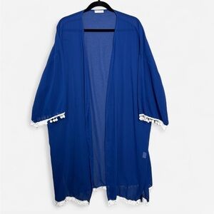 Blue Kimono with White Pom Pom Trim